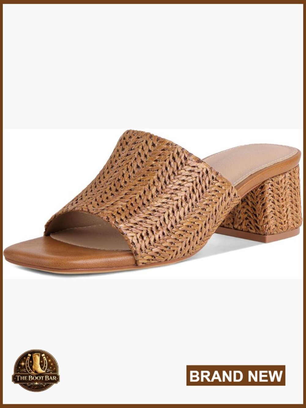 Raffia Chunky Block Heel Mules Square Open Toe Summer Slides Slip On